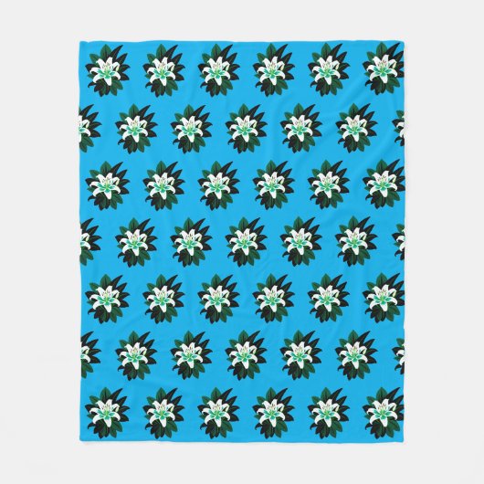 濃い緑の葉と白いユリの花 フリースブランケット (正面)