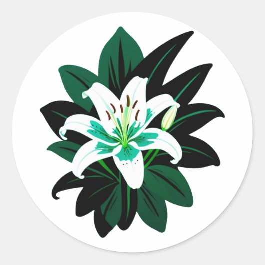 濃い緑の葉と白いユリの花 ラウンドシール (正面)