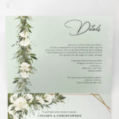 濃い緑の葉オリーブの白いバラが一つにまとまっている 三つ折り招待状 (内部最初)