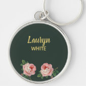 濃い緑の葉上にピンクの花と花 キーホルダー (正面)