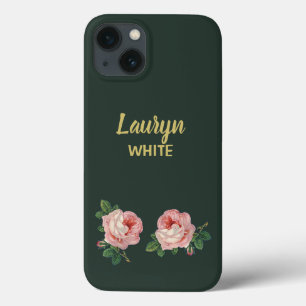 濃い緑の葉上にピンクの花と花 iPhone 13ケース