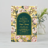 濃い緑の金ゴールドの花のブライダルシャワー 箔招待状 (立ち正面)