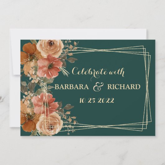 濃い緑の金ゴールドフローラ水の色救の日付 招待状 (裏面)