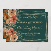 濃い緑の金ゴールドフローラ水の色救の日付 招待状 (正面/裏面)