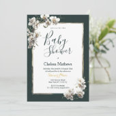 濃い緑の金ゴールド白い蘭の花ベビーシャワー 招待状 (スタンド正面)