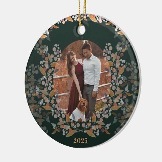 濃い緑の金ゴールド額縁写真の休日 セラミックオーナメント (左)