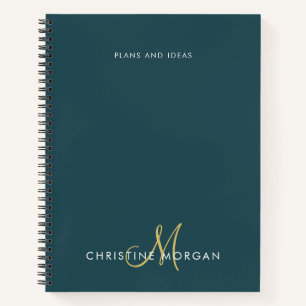 濃い緑エレガントと金ゴールド名のモノグラムイニシャル ノートブック