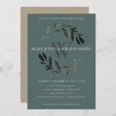 濃い緑ピンクの葉のリースカップルのシャワーカード サンキューカード (正面/裏面)