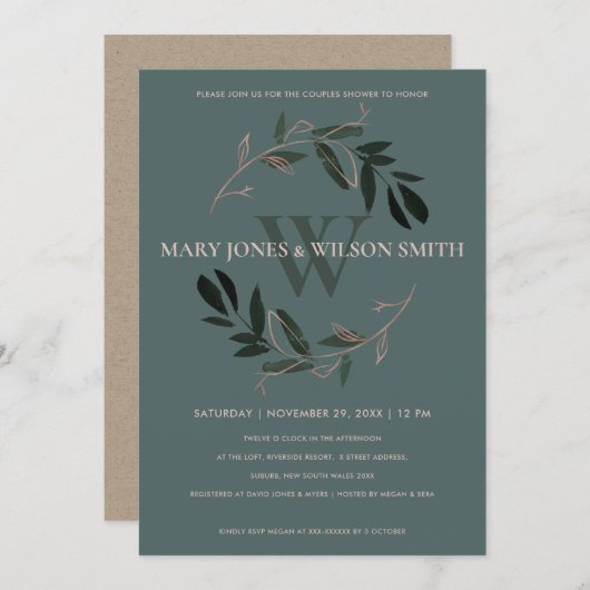 濃い緑ピンクの葉のリースカップルのシャワーカード サンキューカード (正面/裏面)