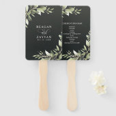 濃い緑モダンの緑の葉結婚式 プログラム ハンドファン (正面&裏面)