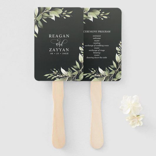 濃い緑モダンの緑の葉結婚式 プログラム ハンドファン (正面&裏面)