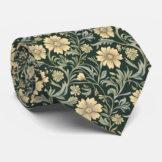 濃い緑色のスタイリッシュな黄色の花の模様 ネクタイ (ロール)