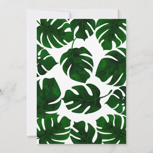 濃い緑色のトロピカルリーフ ホワイト&ゴールドのウェディング 招待状 (裏面)
