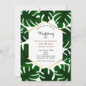 濃い緑色のトロピカルリーフ ホワイト＆ゴールド ウェディング 招待状 (正面)