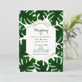 濃い緑色のトロピカルリーフ ホワイト＆ゴールド ウェディング 招待状 (スタンド正面)
