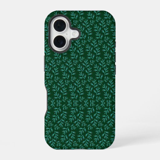濃い緑色の背景にティールの植物の葉 iPhone 16ケース (裏面)