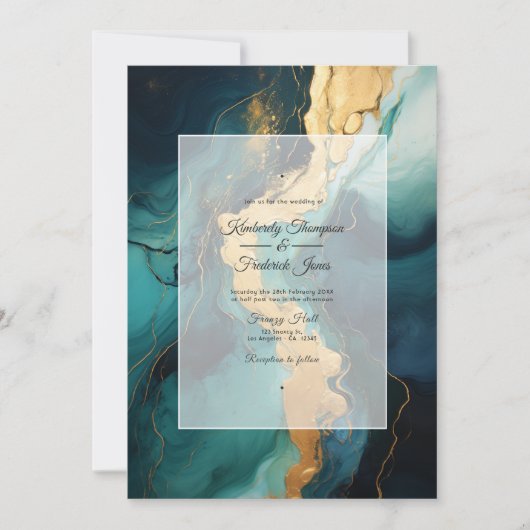 濃い緑、クリームと金ゴールドイン結婚ク 招待状 (正面)