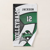 濃い緑、白黒のバレーボール バスタオルセット (ハンドタオル)