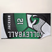 濃い緑、白黒のバレーボール ビーチタオル (正面)