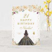 濃い肌の女の子の誕生日フラワーデザイン カード (黄色い花)