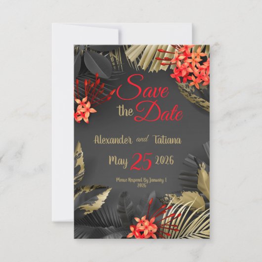 濃い背景にトロピカルな黒と金の葉 セーブザデート (正面)