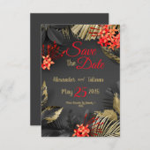 濃い背景にトロピカルな黒と金の葉 セーブザデート (正面/裏面)