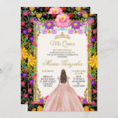 濃い背景のピンクのドレス メキシカン バースデー 招待状 (正面/裏面)