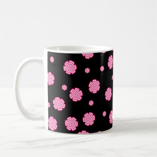 濃い背景の明るい様式化されたピンクの花。abst コーヒーマグカップ (左)