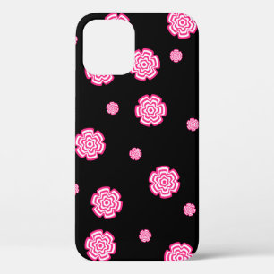 濃い背景の明るい様式化されたピンクの花。abst iPhone 12ケース