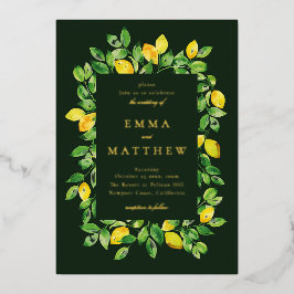 濃い背景の水色レモンフレーム 箔招待状