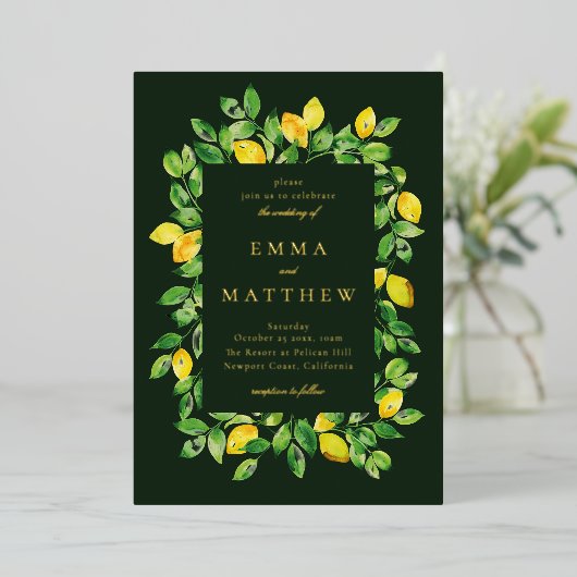 濃い背景の水色レモンフレーム 箔招待状 (立ち正面)