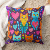 濃い色の子猫とハートの紫のパターン クッション (ブランケット)
