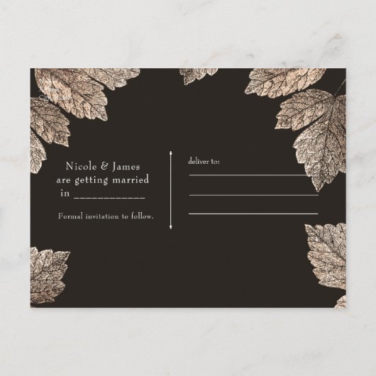 濃い茶色とブロンズ葉の素朴日付を保存 案内ポストカード (裏面)