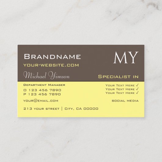 濃い茶色のライトイエローとイニシャルプロフェッショナル 名刺 (裏面)