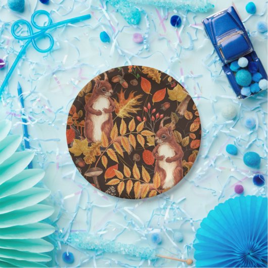 濃い茶色の秋のリスとフローラ ペーパープレート (パーティー)