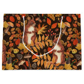 濃い茶色の秋のリスとフローラ ラージペーパーバッグ (正面)