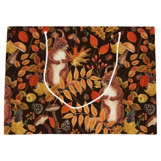 濃い茶色の秋のリスとフローラ ラージペーパーバッグ (正面)