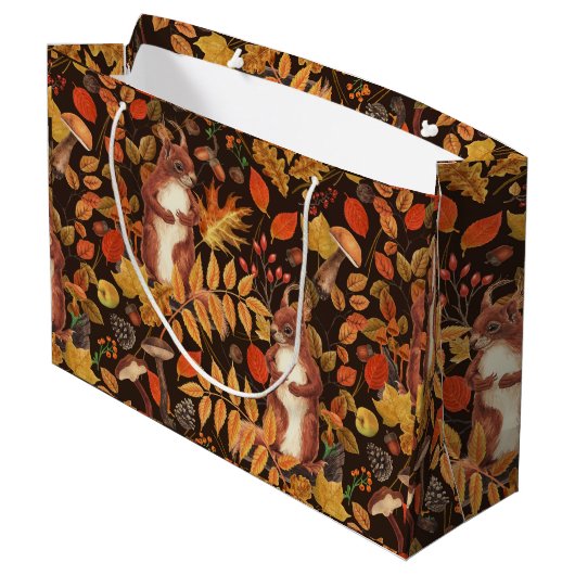 濃い茶色の秋のリスとフローラ ラージペーパーバッグ (裏面アングル)