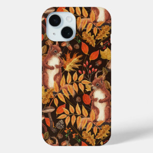 濃い茶色の秋のリスとフローラ iPhone 15ケース