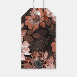 濃い茶色の背景にクリーム、寺色の花 ギフトタグ