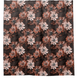 濃い茶色の背景にクリーム、寺色の花 シャワーカーテン