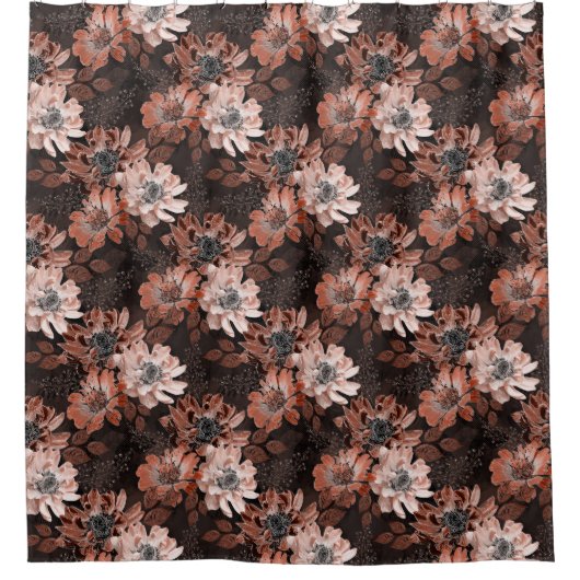 濃い茶色の背景にクリーム、寺色の花 シャワーカーテン (正面)