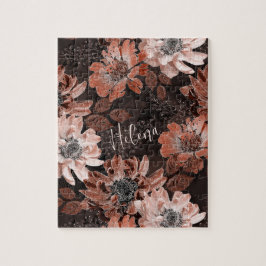 濃い茶色の背景にクリーム、寺色の花 ジグソーパズル