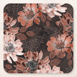 濃い茶色の背景にクリーム、寺色の花 スクエアペーパーコースター