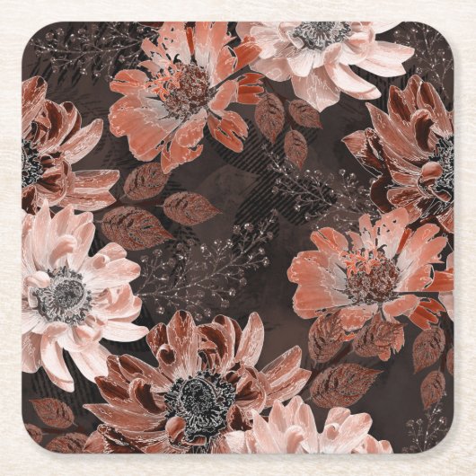 濃い茶色の背景にクリーム、寺色の花 スクエアペーパーコースター (正面)
