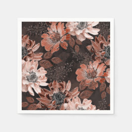 濃い茶色の背景にクリーム、寺色の花 スタンダードカクテルナプキン