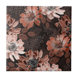 濃い茶色の背景にクリーム、寺色の花 タイル