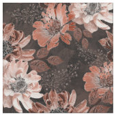 濃い茶色の背景にクリーム、寺色の花 ファブリック (クローズアップ)