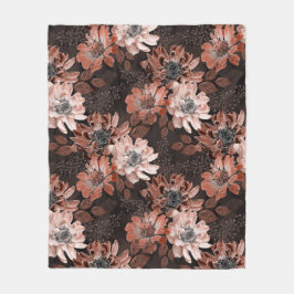 濃い茶色の背景にクリーム、寺色の花 フリースブランケット