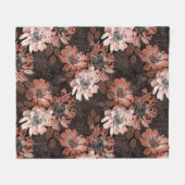 濃い茶色の背景にクリーム、寺色の花 フリースブランケット (正面(横))